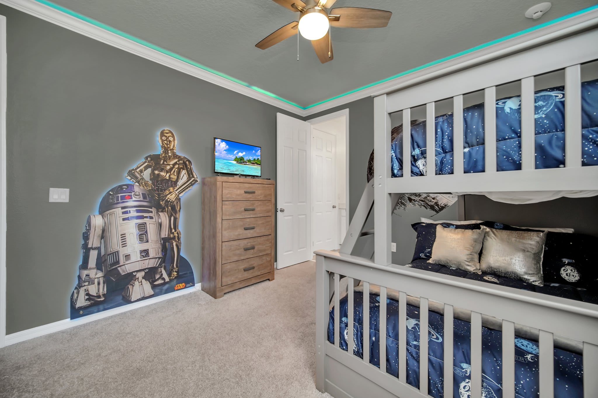 Star Wars Themed Bedroom with Bunk Beds and Ceiling Lighting